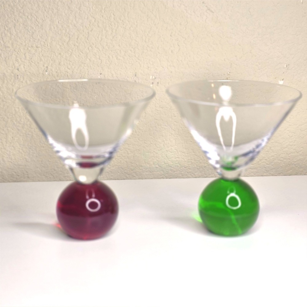 Set of Two Round Bottom Martini Glass Red and Green Christmas Blown Glass